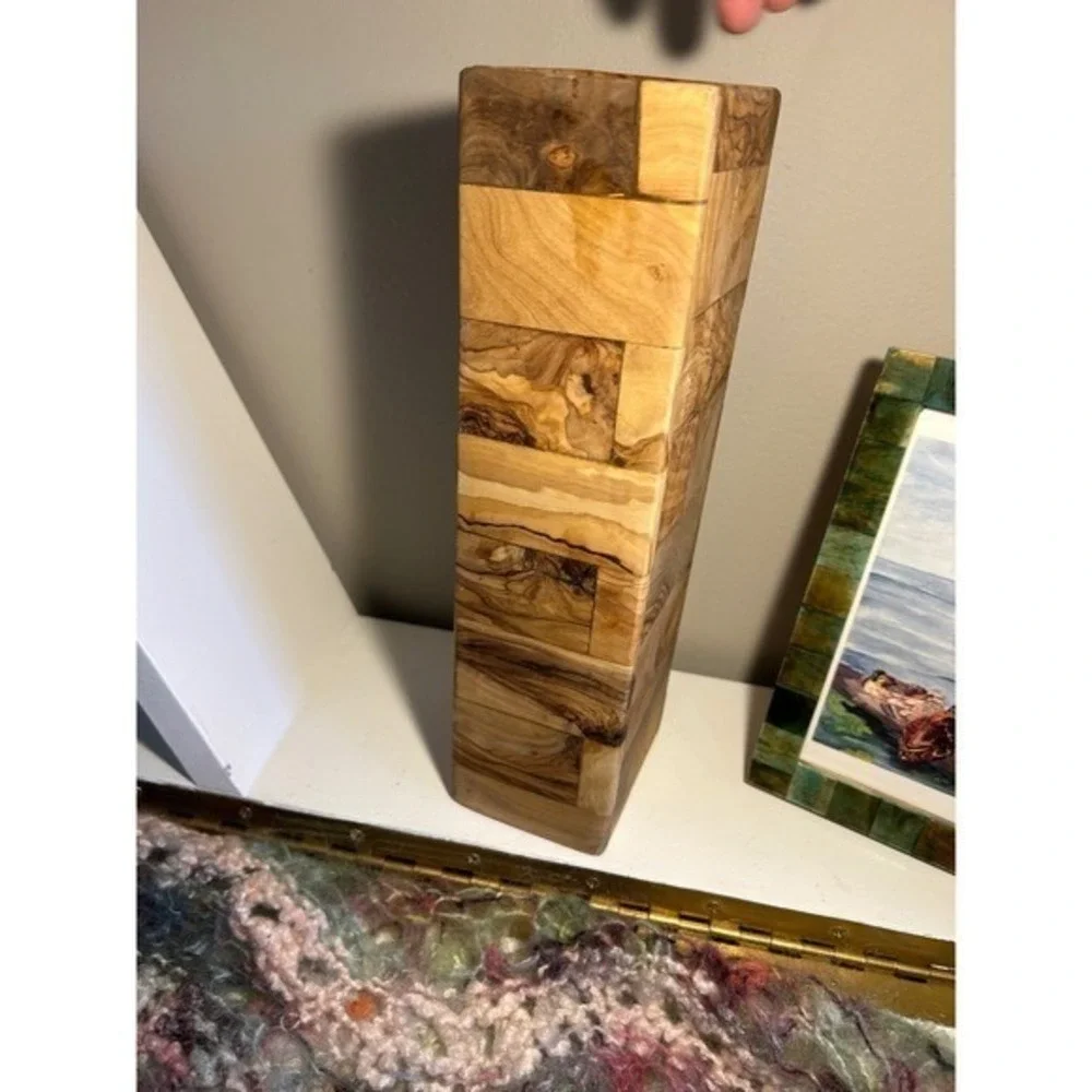 Olive Wood Patchwork Rectangular Vase Decorative‎ Mosaic Wood Holder 10.5 Inch